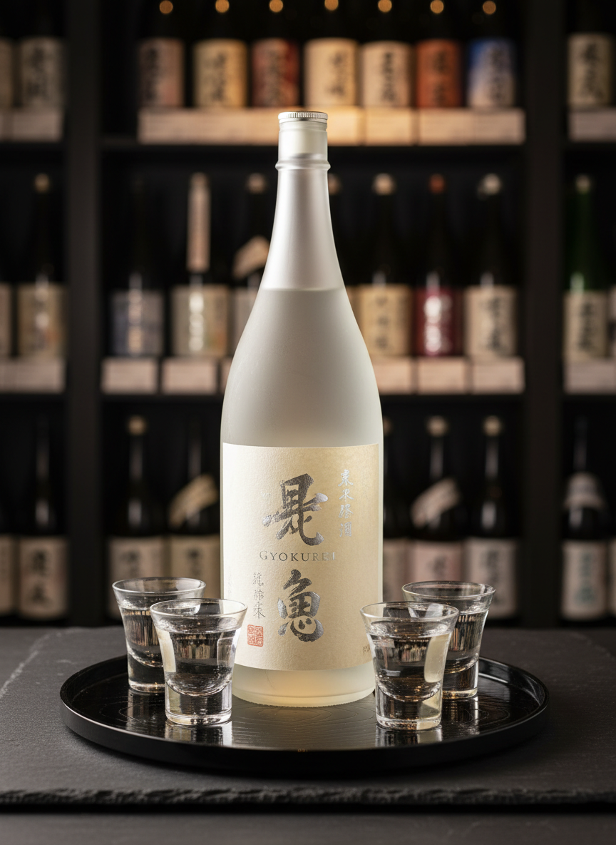 A frosted glass bottle of premium Gyokurei sake with an elegant ivory label embossed with subtle silver kanji, standing upright on a dark charcoal slate surface. Around it, pristine crystal sake cups rest on a polished black lacquer tray with a faint wood grain sheen. In the background, out-of-focus shelves suggest an upscale sake cellar with neatly arranged bottles. Soft, diffused warm studio lighting from the upper left creates refined highlights along the bottle’s curves and gentle reflections on the glass and lacquer. The mood is sophisticated and luxurious, with a calm, composed atmosphere. Photographic realism, shot at eye level with a shallow depth of field, emphasizing the central bottle as the hero product for a high-end sake specialty shop.
