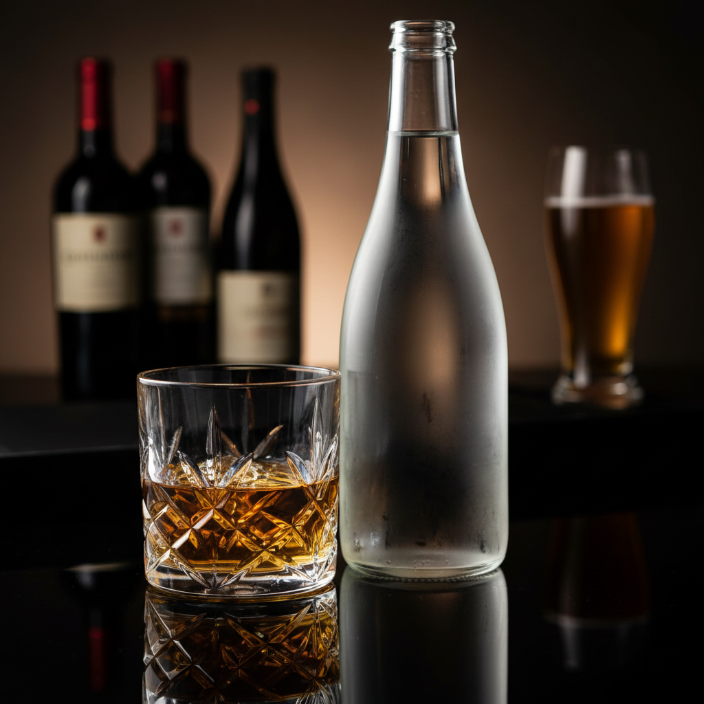 A luxurious close-up of a crystal whisky tumbler filled with amber whisky resting beside a slender Gyokurei sake bottle, both placed on a dark, reflective piano-black surface. The whisky’s rich color glows as light passes through, while the sake bottle’s clear, pale liquid contrasts elegantly. In the softly blurred background, silhouettes of red and white wine bottles and a tall beer glass suggest a curated selection. Controlled warm studio lighting from the back and side creates layered reflections and highlights, producing a cinematic bar-like ambiance. The mood is indulgent and refined, showcasing the range of premium alcohol offerings. Photographic realism, captured from a low angle with shallow depth of field, emphasizing the interplay of light through glass and liquid while maintaining a sophisticated, modern aesthetic.