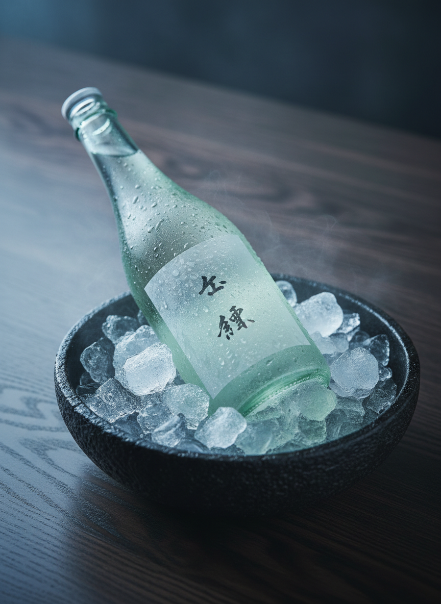 A close-up of a chilled Gyokurei sake bottle beaded with fine condensation, laid at a slight angle on a bed of crushed ice within a shallow black stone bowl. Thin curls of frost and cool mist subtly rise around the glass, emphasizing its crisp clarity and pale green tint. The bowl rests on a dark wooden counter with a smooth, satin finish and visible grain. Cool, diffused overhead lighting with a faint bluish tone highlights the ice crystals and condensation droplets, creating a refreshing, ultra-premium feeling. The atmosphere is pure, clean, and modern, emphasizing freshness and quality. Photographic realism, shot in tight macro framing with a very shallow depth of field, bringing every icy detail into focus while gently softening the edges of the scene.