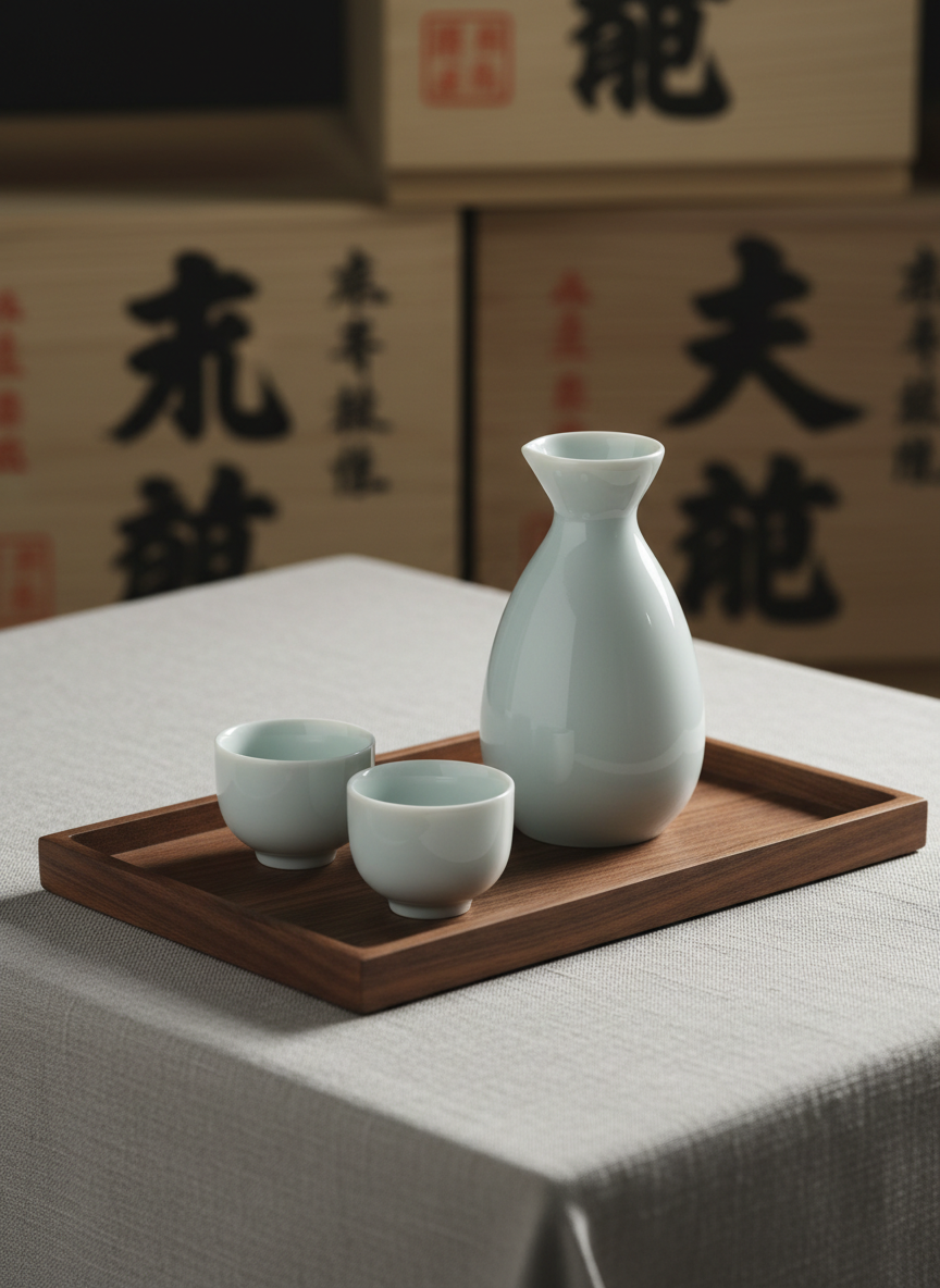 A refined still life of a traditional tokkuri sake flask and matching ochoko cup set made from smooth white porcelain with a faint celadon tint, placed on a rectangular dark walnut tray with perfectly beveled edges. The tray sits on a light-gray linen runner that adds gentle texture without clutter. Behind, a blurred backdrop of stacked wooden sake crates stamped with bold black kanji hints at artisanal origins. Soft, side-lit studio lighting from the right casts graceful shadows and a subtle glow along the porcelain curves. The mood is serene, minimalist, and premium, suitable for a sophisticated sake brand identity. Photographic realism, shot at eye level with balanced composition and moderate depth of field, ensuring clarity of the main set while keeping the crates tastefully out of focus.