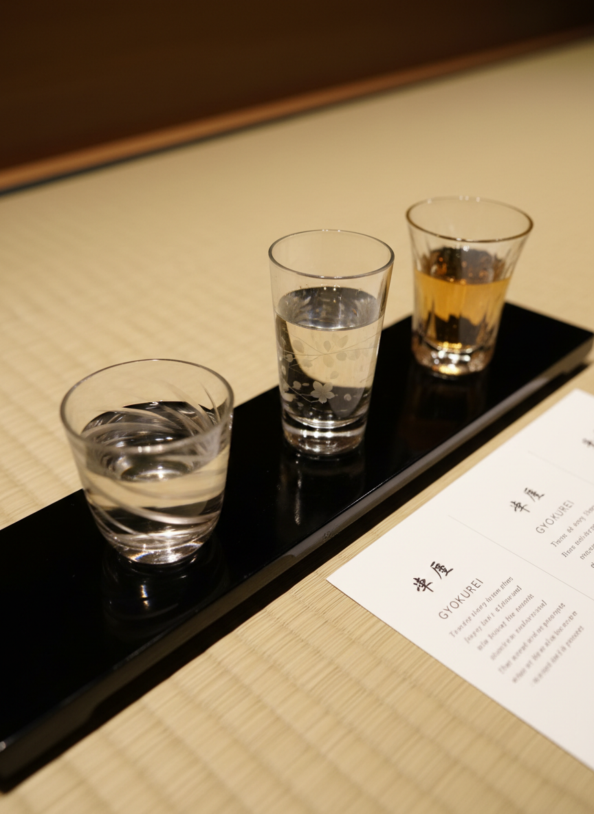 An elegant sake tasting setup featuring three different Gyokurei sake varieties poured into small, thin-walled crystal ochoko cups, each with a slightly different shape and subtle etched patterns. They are arranged in a straight line on a narrow, glossy black lacquer board resting atop a pale tatami-textured mat. Beside them lies a minimalist white tasting card with refined printed kanji and tasting notes, partially visible and slightly out of focus. Warm, focused overhead lighting creates soft, elongated shadows and delicate highlights on the liquid surfaces. The mood is contemplative and sophisticated, evoking a curated tasting experience in a high-end boutique. Photographic realism, captured from a low, side-on angle with shallow depth of field, drawing attention to the clarity and color variations in each sake.