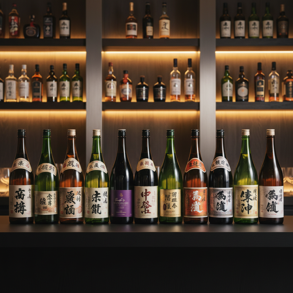 An artfully arranged selection of Japanese sake bottles, whisky, red wine, white wine, and craft beer on a long, low, matte black counter. Each bottle has distinct shapes, colored glass, and refined labels, spaced evenly to show diversity yet cohesion. Behind them, a minimalist back bar of dark wood and brushed metal features softly glowing backlit shelves lined with more bottles, slightly blurred. Subtle golden hour–style studio lighting washes across the scene, creating delicate reflections and rim highlights on glass and metal. The mood is curated and refined, suggesting a premium specialty liquor retailer. Photographic realism, captured from a slightly elevated angle with rule-of-thirds composition, maintaining sharp focus on the front row of bottles and a tasteful bokeh in the background.